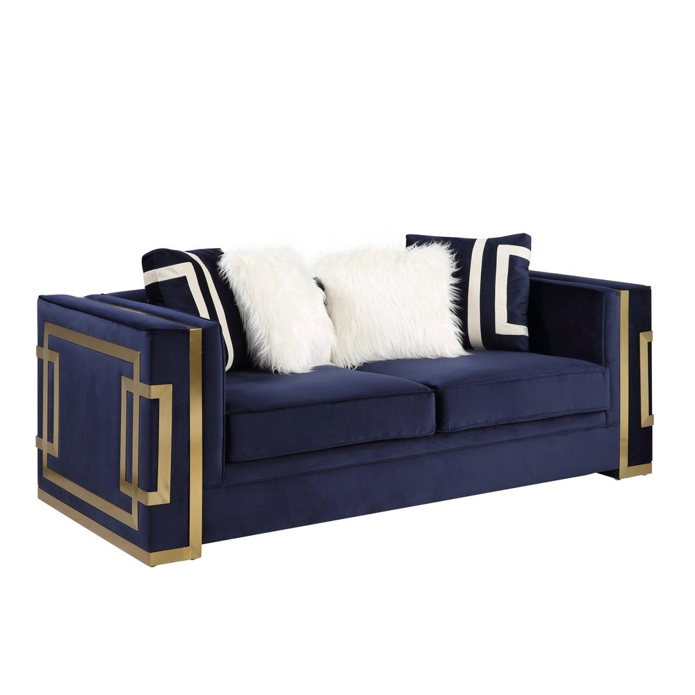 80" Blue And Gold Velvet Love Seat And Toss Pillows. Picture 2
