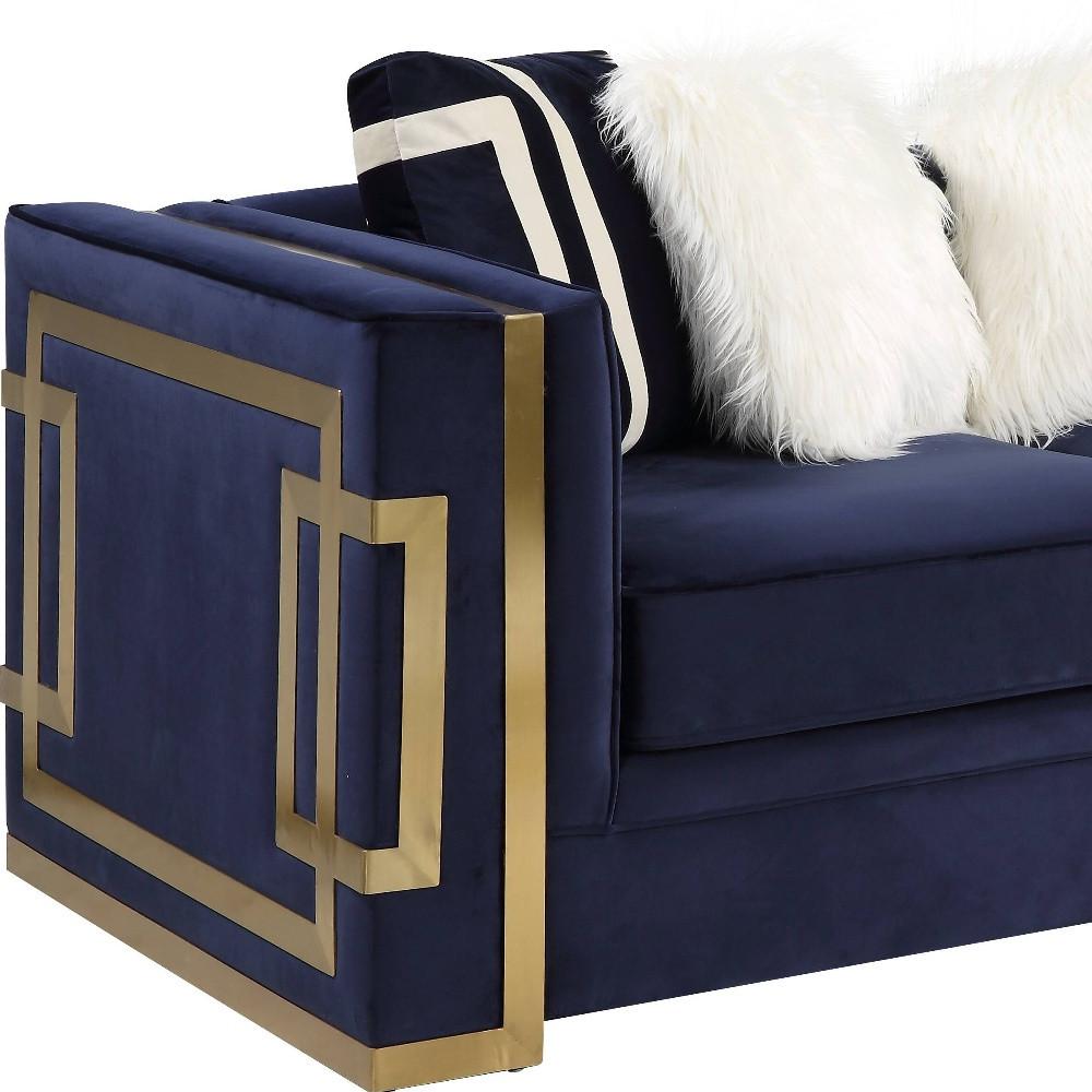 80" Blue And Gold Velvet Love Seat And Toss Pillows. Picture 3