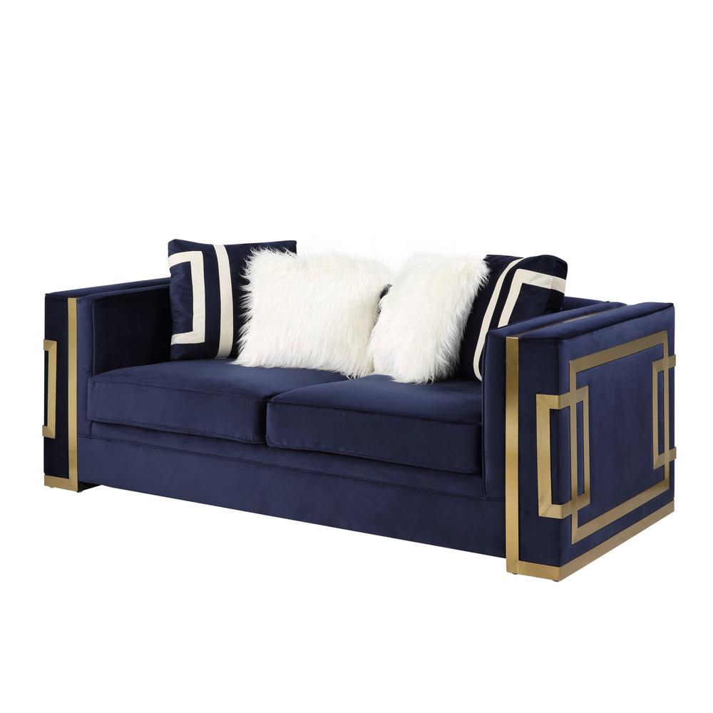 80" Blue And Gold Velvet Love Seat And Toss Pillows. Picture 1