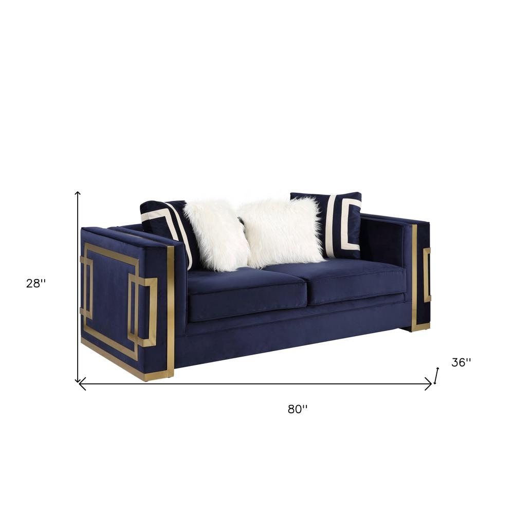 80" Blue And Gold Velvet Love Seat And Toss Pillows. Picture 4