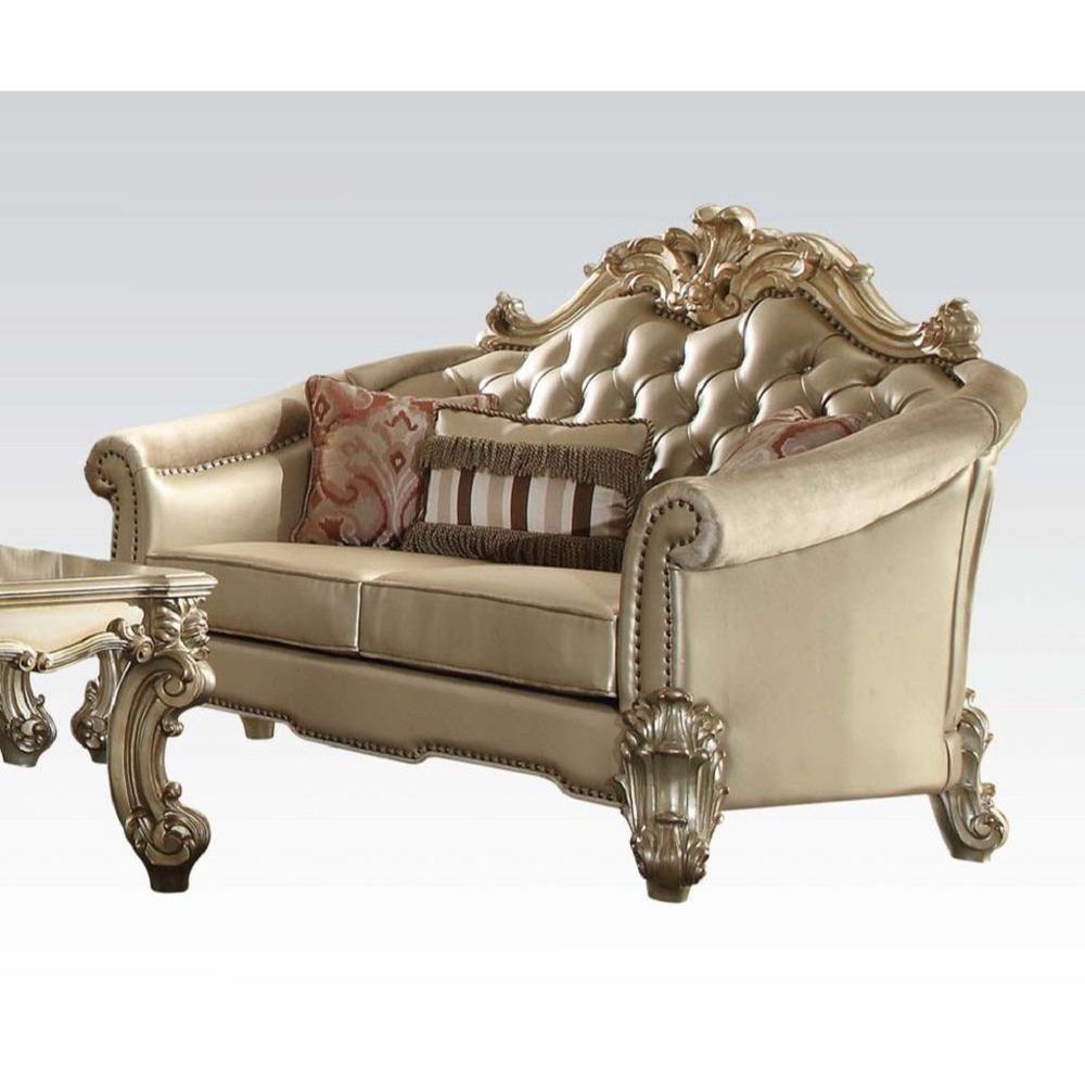 67" Bone And Gold Faux Leather Love Seat And Toss Pillows. Picture 2