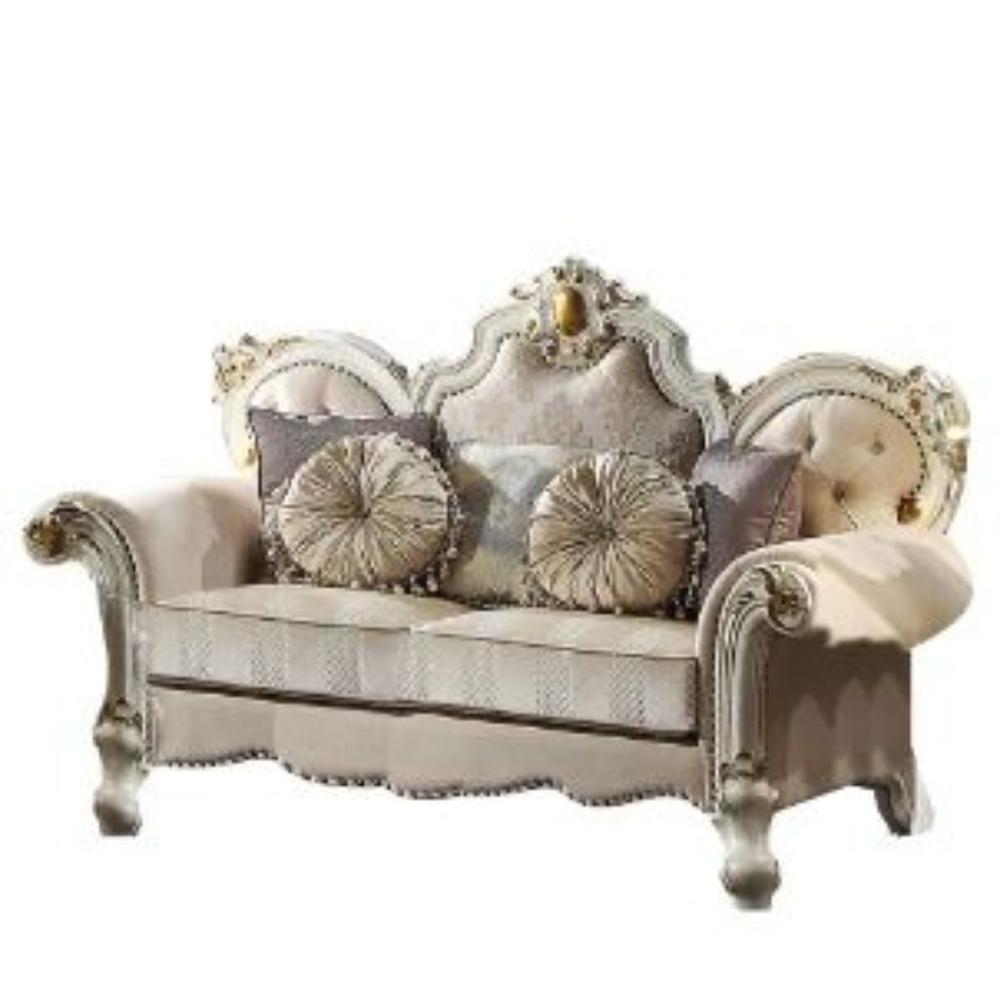 70" Gold And Pearl Velvet Love Seat And Toss Pillows. Picture 1