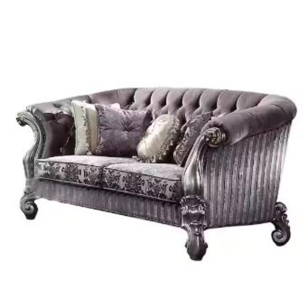 76" Purple And Platinum Velvet Love Seat And Toss Pillows. Picture 1
