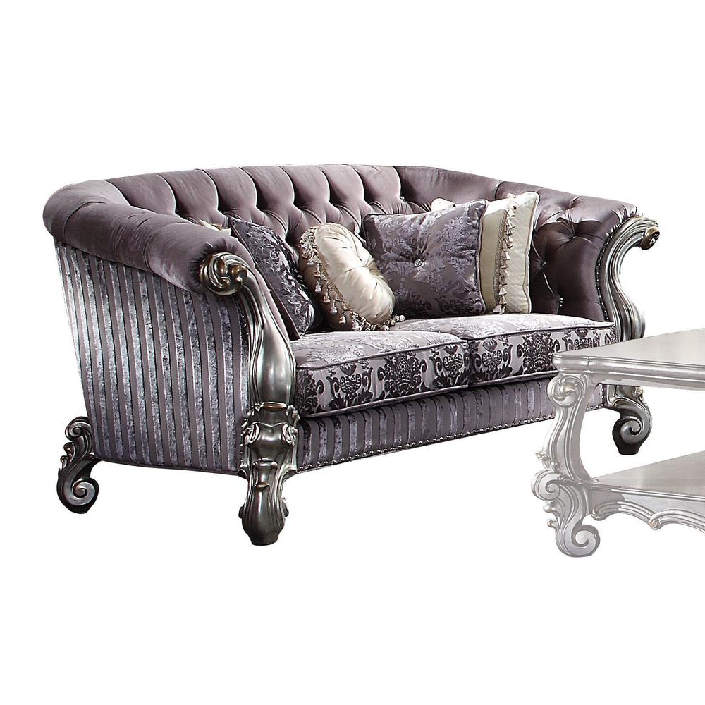 76" Purple And Platinum Velvet Love Seat And Toss Pillows. Picture 2