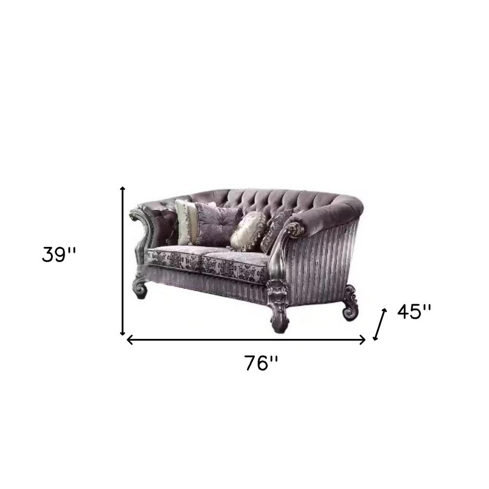 76" Purple And Platinum Velvet Love Seat And Toss Pillows. Picture 4