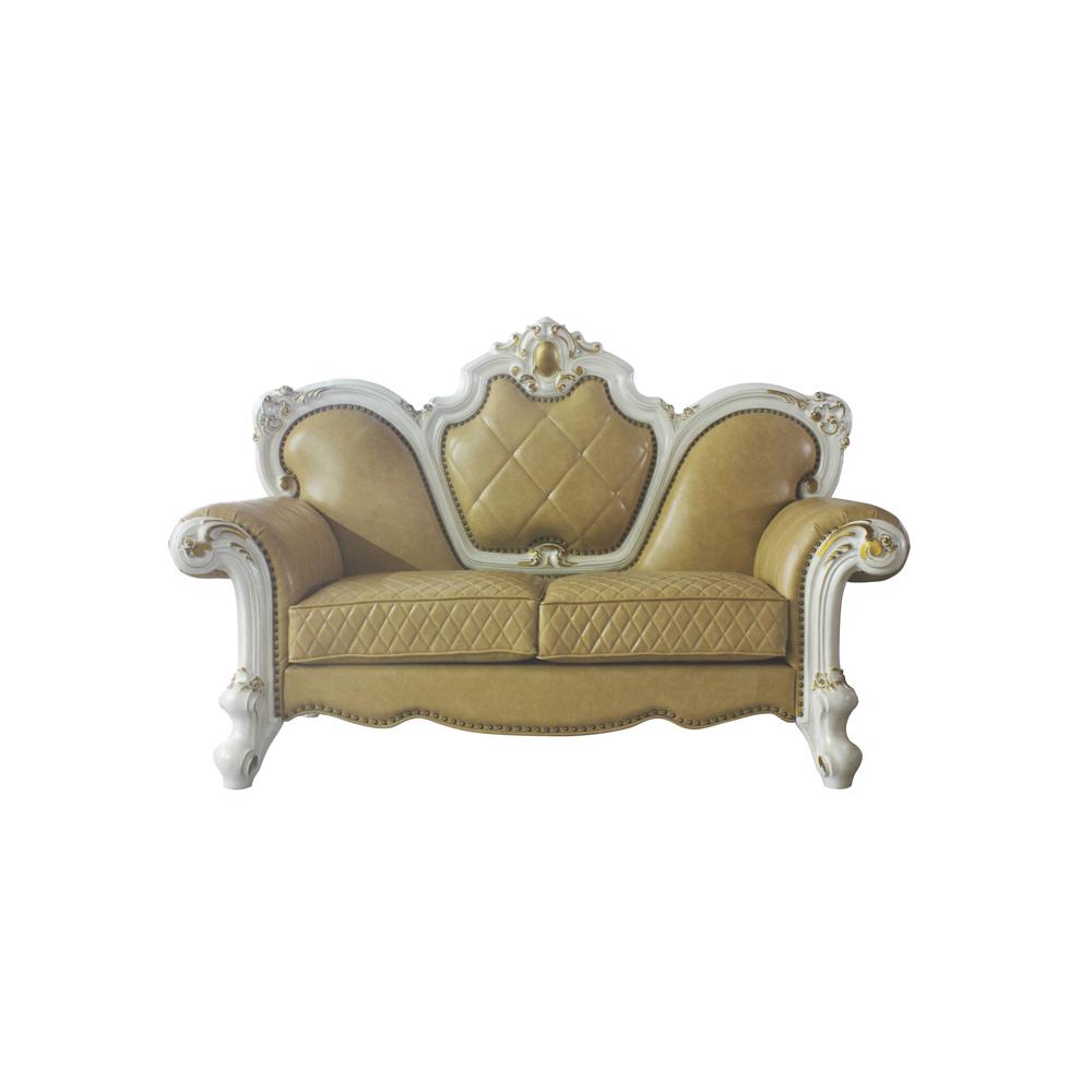 70" Butterscotch And Pearl Faux Leather Love Seat And Toss Pillows. Picture 1
