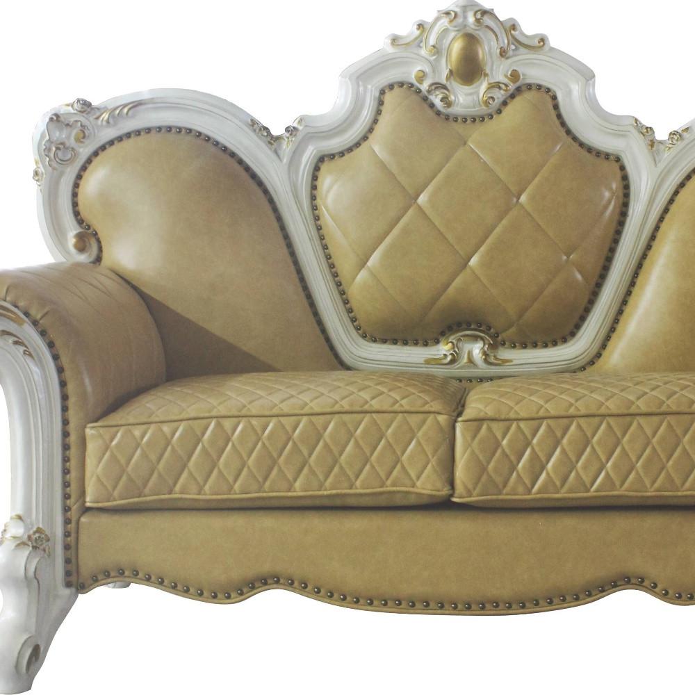 70" Butterscotch And Pearl Faux Leather Love Seat And Toss Pillows. Picture 2