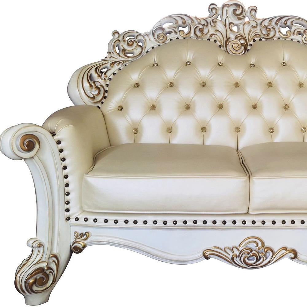 70" Champagne And Pearl Faux Leather Love Seat And Toss Pillows. Picture 2