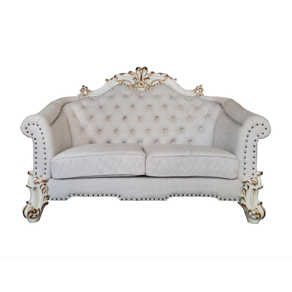 66" Two Tone Ivory And Pearl Velvet Love Seat And Toss Pillows. Picture 1