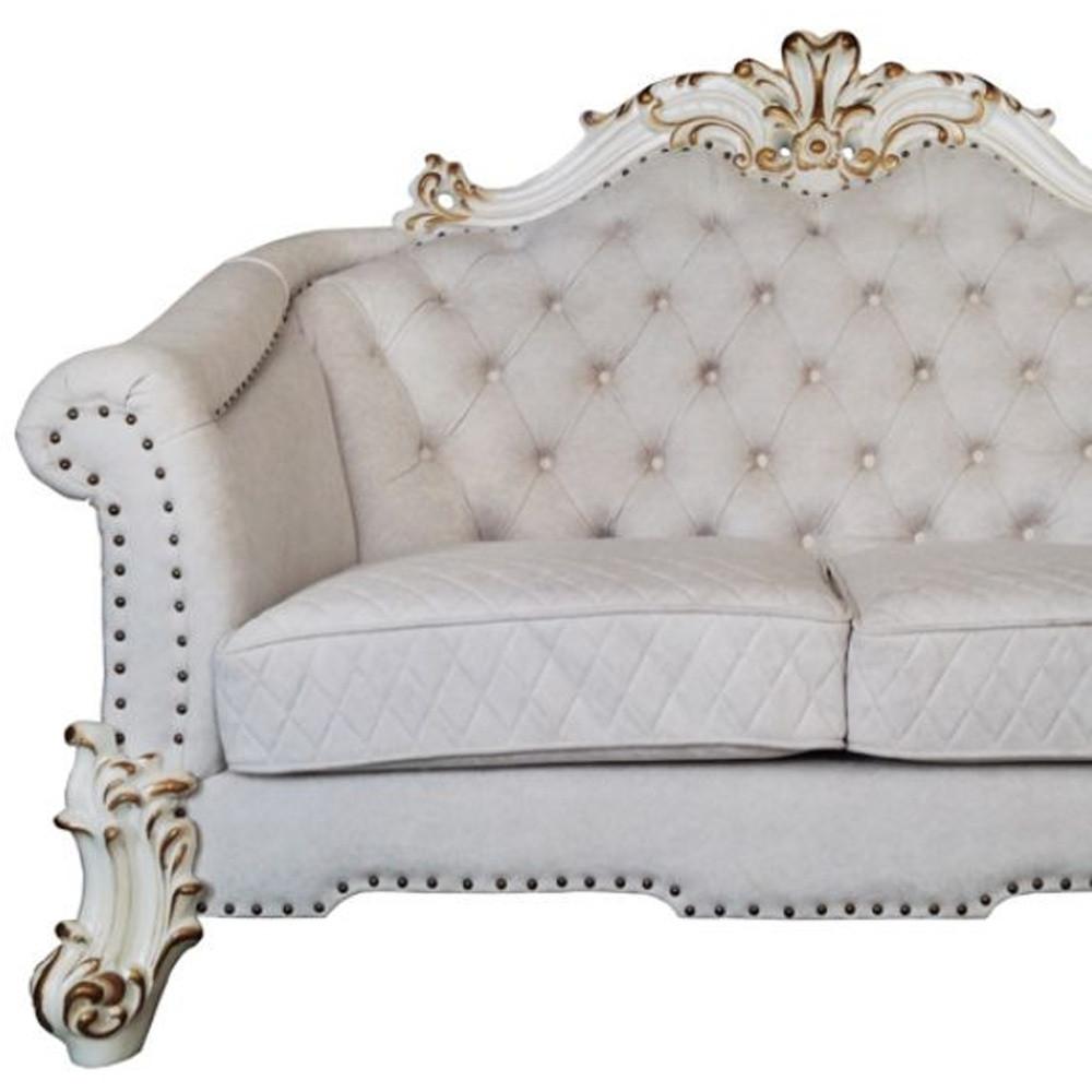 66" Two Tone Ivory And Pearl Velvet Love Seat And Toss Pillows. Picture 2