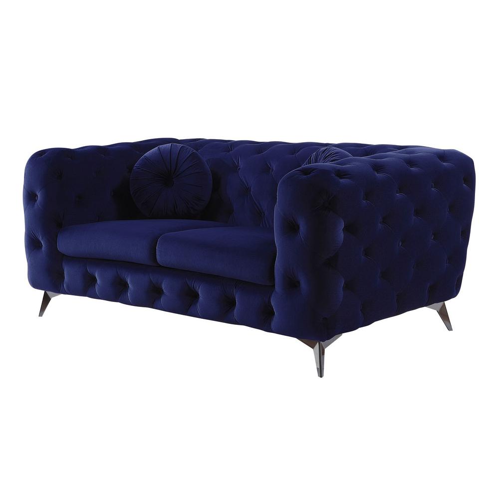 72" Blue And Silver Velvet Love Seat. Picture 1