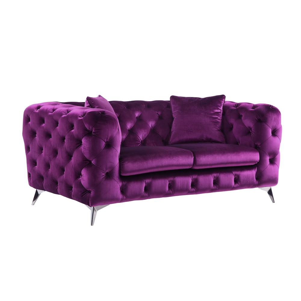 72" Purple And Silver Velvet Love Seat. Picture 1