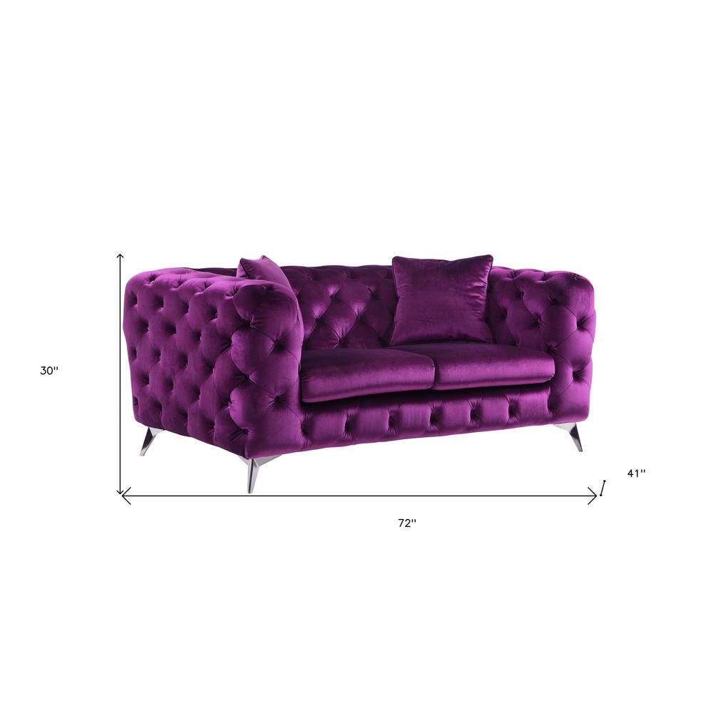 72" Purple And Silver Velvet Love Seat. Picture 4