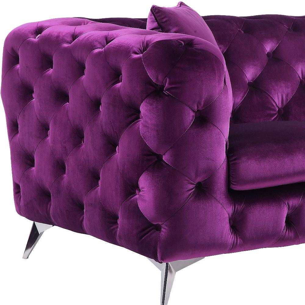 72" Purple And Silver Velvet Love Seat. Picture 3