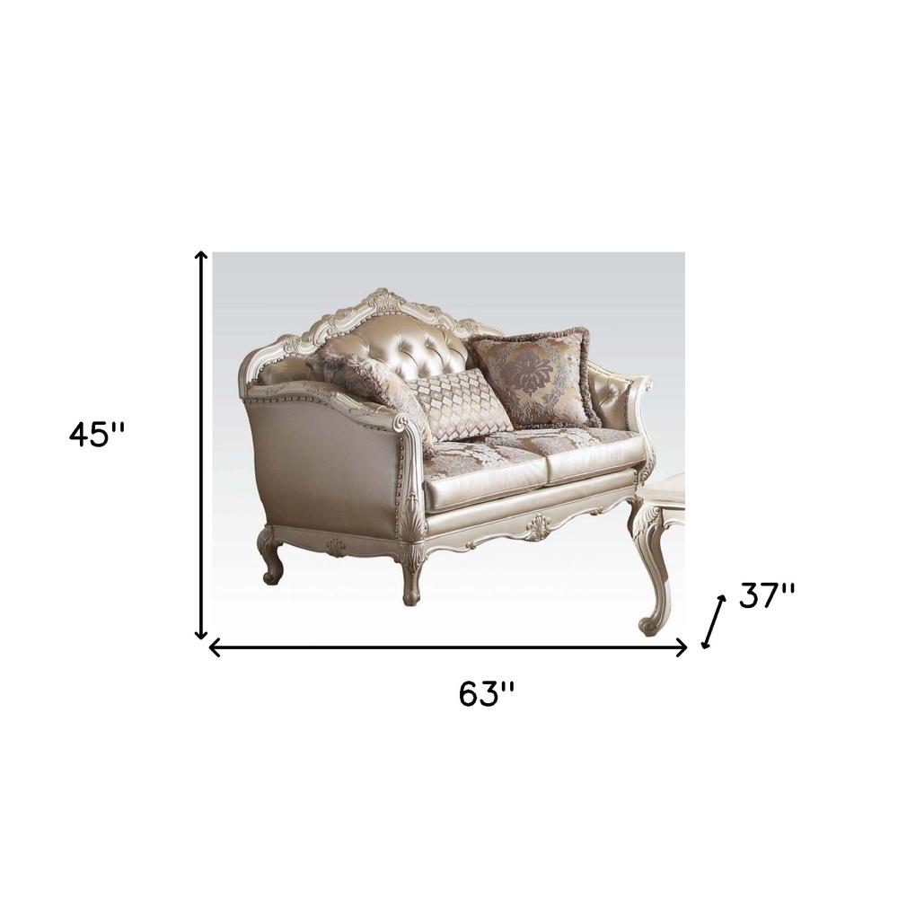 63" Rose Gold And Pearl Faux Leather Curved Love Seat And Toss Pillows. Picture 4