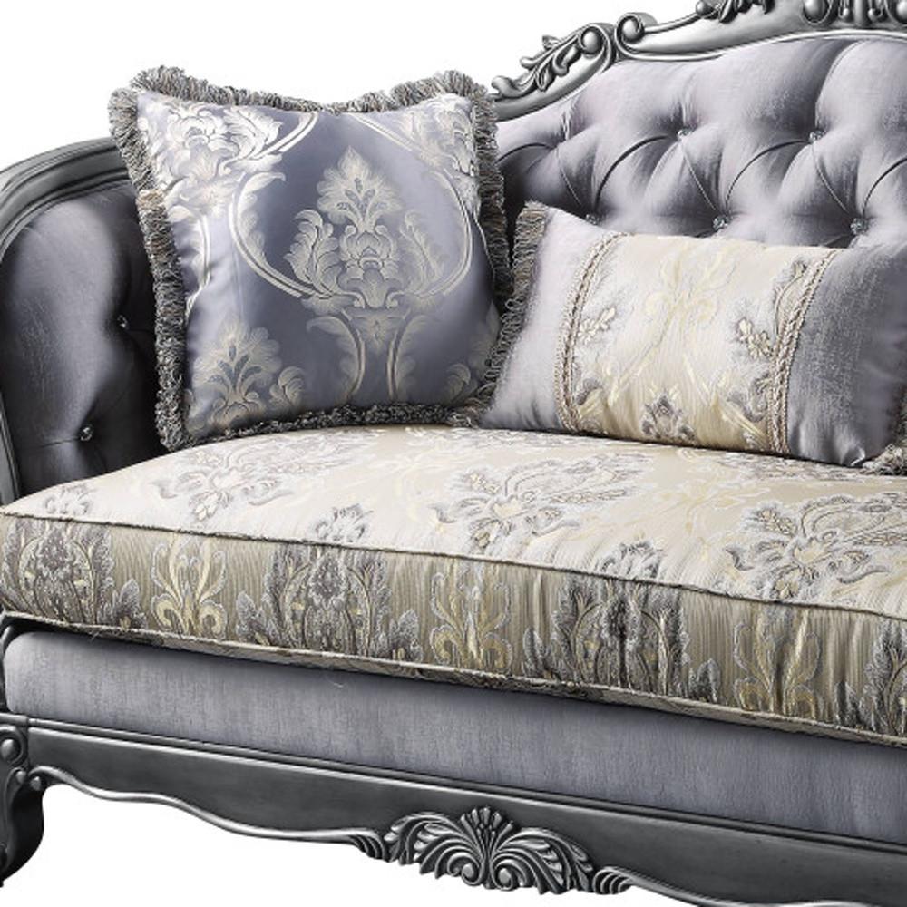 65" Gray Silver And Platinum Silk Blend Love Seat And Toss Pillows. Picture 2
