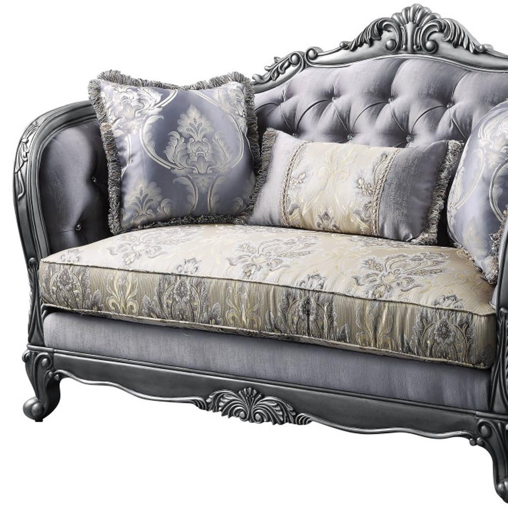 65" Gray Silver And Platinum Silk Blend Love Seat And Toss Pillows. Picture 3