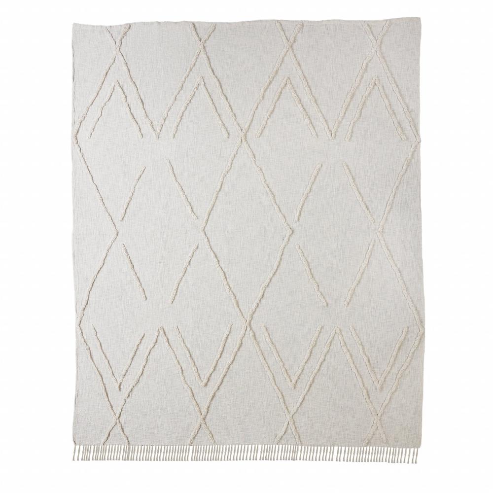 Ivory Woven Cotton Geometric Throw. Picture 1