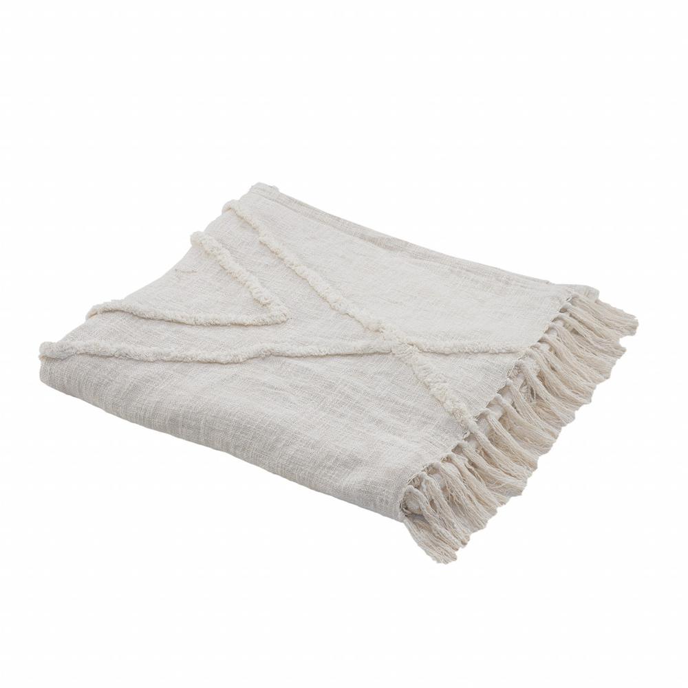 Ivory Woven Cotton Geometric Throw. Picture 2