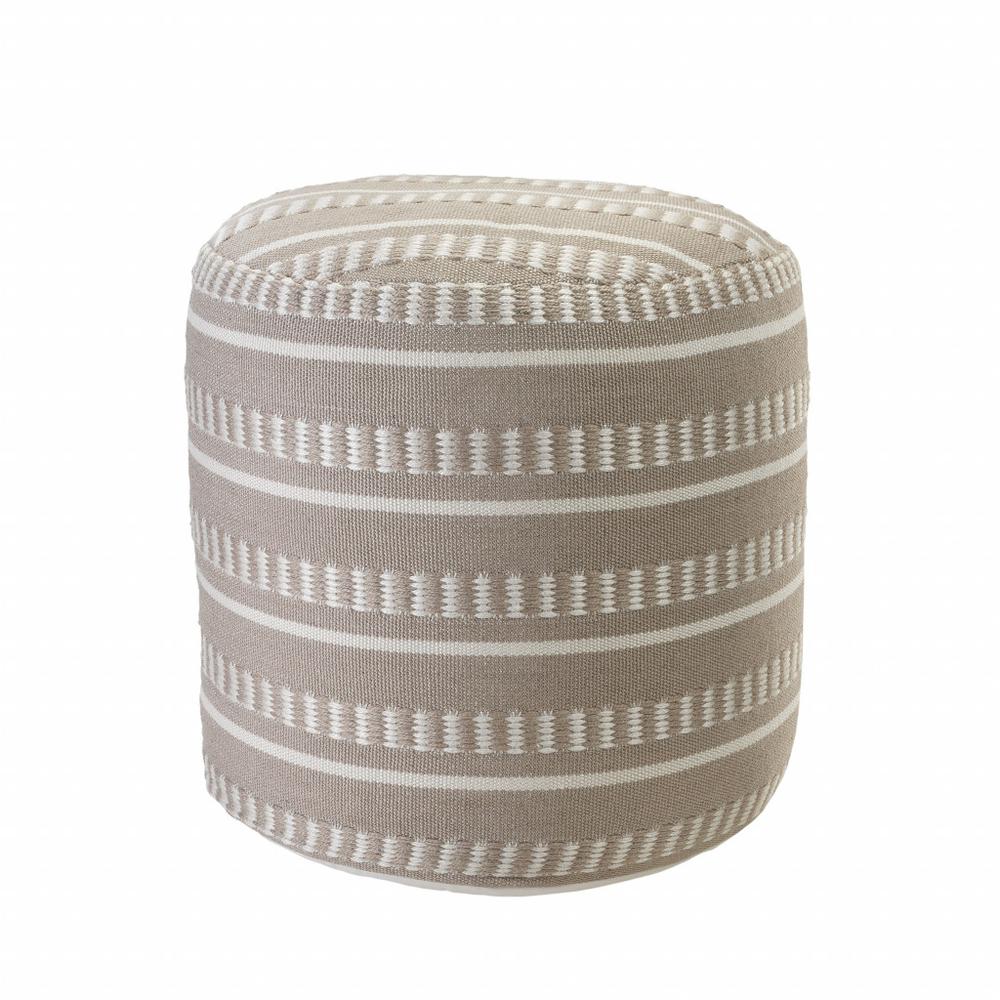 20" Brown Polyester Round Striped Indoor Outdoor Pouf Ottoman. Picture 1