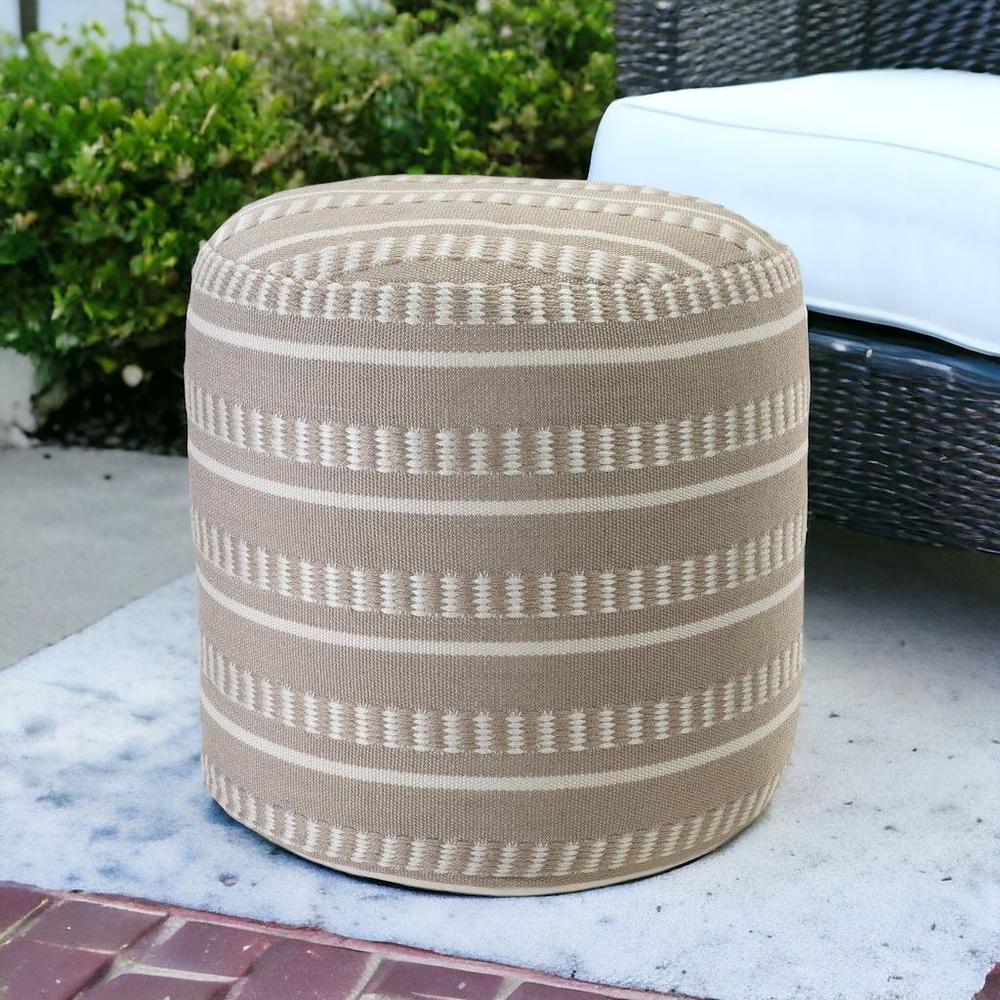 20" Brown Polyester Round Striped Indoor Outdoor Pouf Ottoman. Picture 6