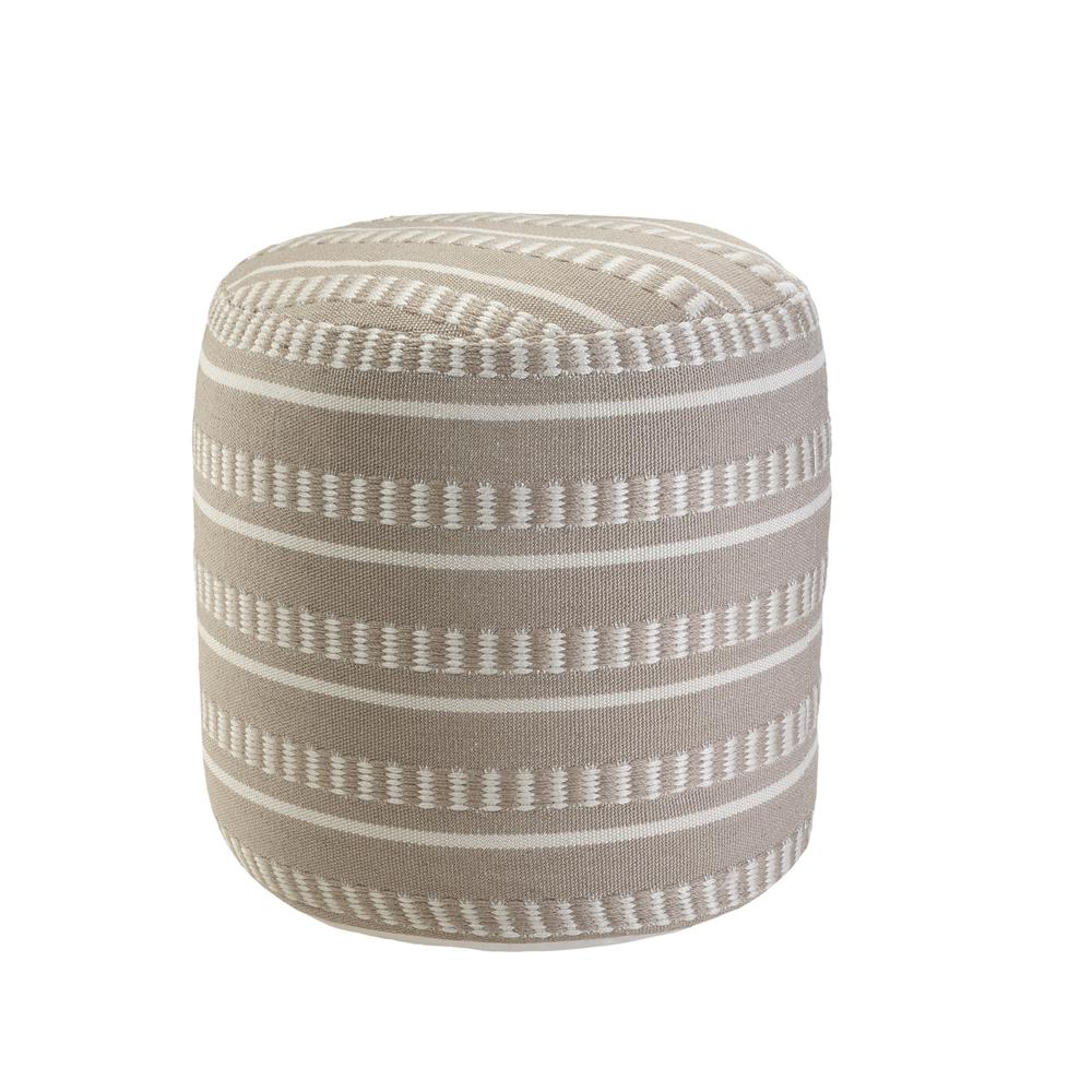 20" Brown Polyester Round Striped Indoor Outdoor Pouf Ottoman. Picture 3