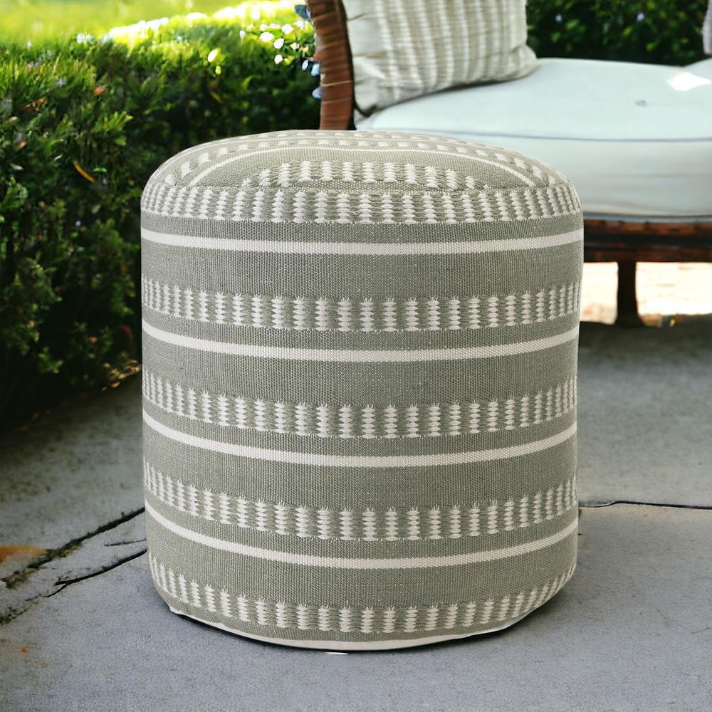 20" Green Polyester Round Striped Indoor Outdoor Pouf Ottoman. Picture 6