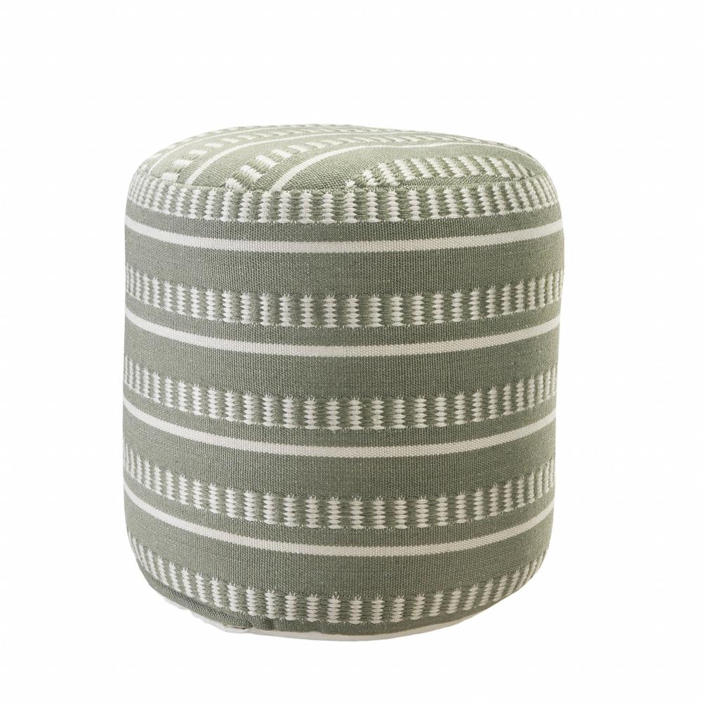 20" Green Polyester Round Striped Indoor Outdoor Pouf Ottoman. Picture 3