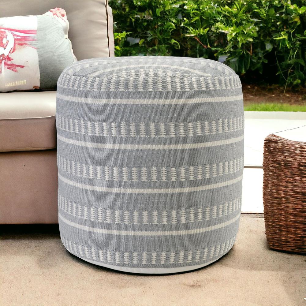 20" Blue Polyester Round Striped Indoor Outdoor Pouf Ottoman. Picture 6