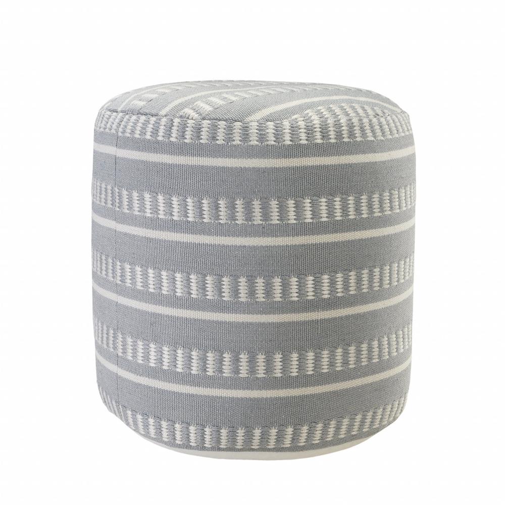 20" Blue Polyester Round Striped Indoor Outdoor Pouf Ottoman. Picture 3