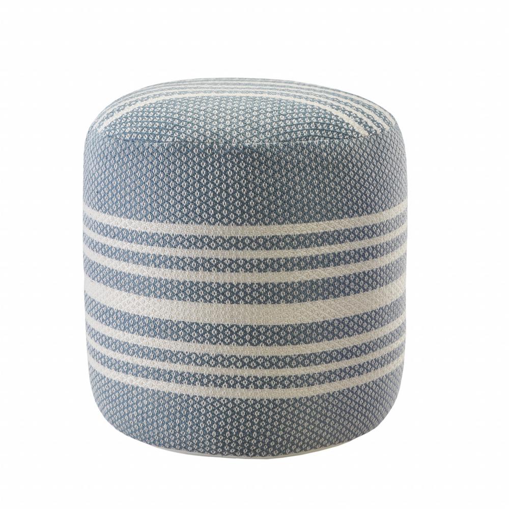 20" Blue Polyester Round Striped Indoor Outdoor Pouf Ottoman. Picture 1