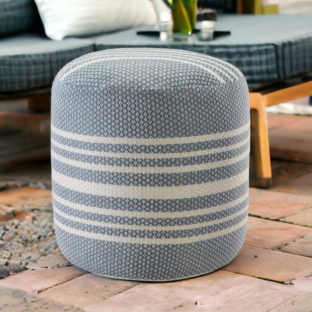 20" Blue Polyester Round Striped Indoor Outdoor Pouf Ottoman. Picture 6