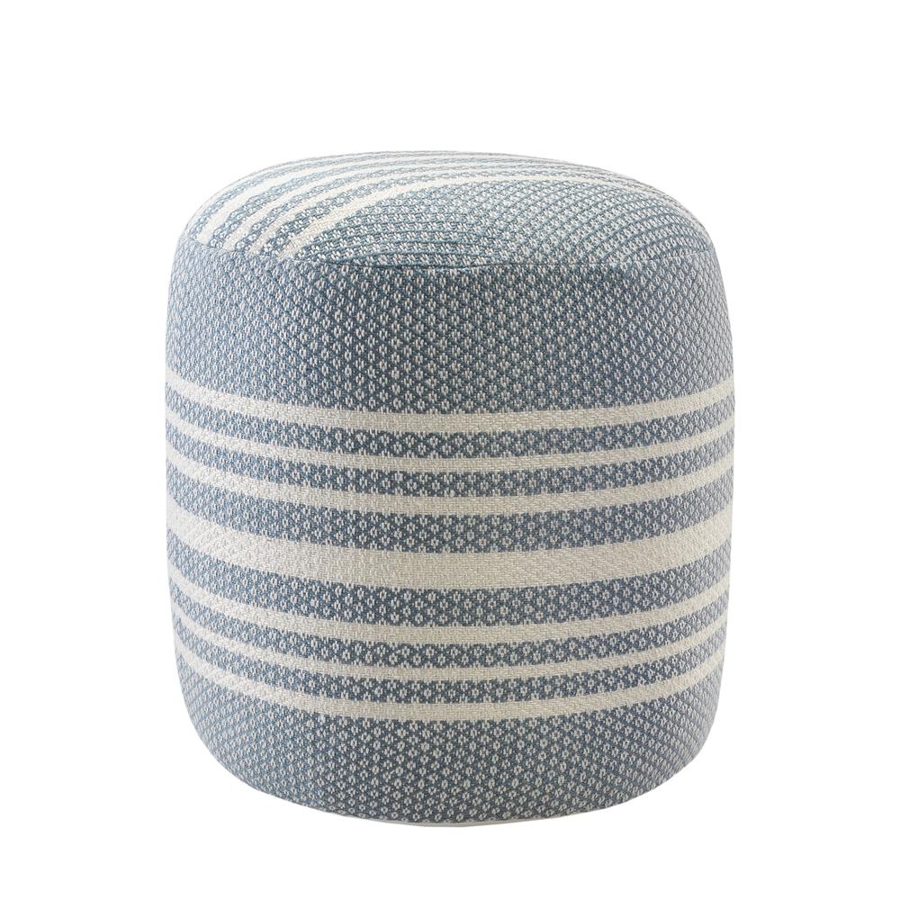 20" Blue Polyester Round Striped Indoor Outdoor Pouf Ottoman. Picture 3