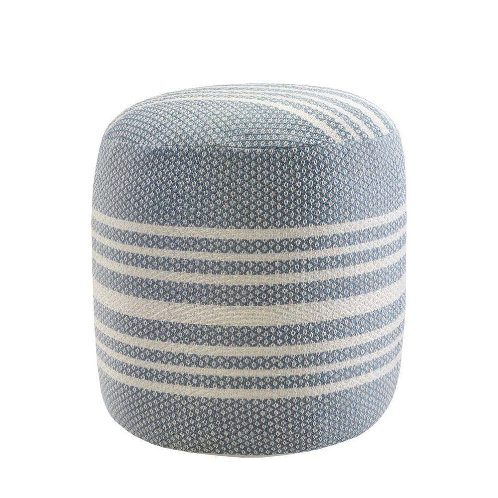 20" Blue Polyester Round Striped Indoor Outdoor Pouf Ottoman. Picture 4