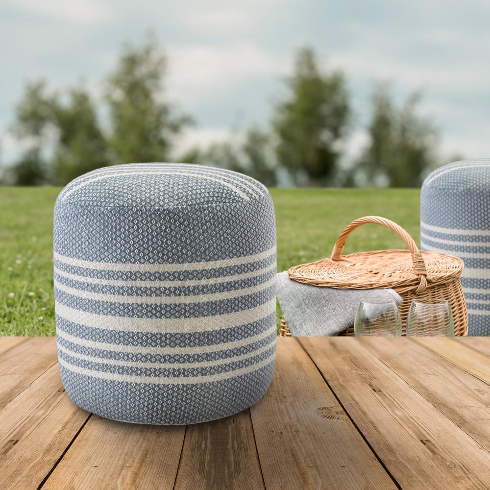 20" Blue Polyester Round Striped Indoor Outdoor Pouf Ottoman. Picture 7