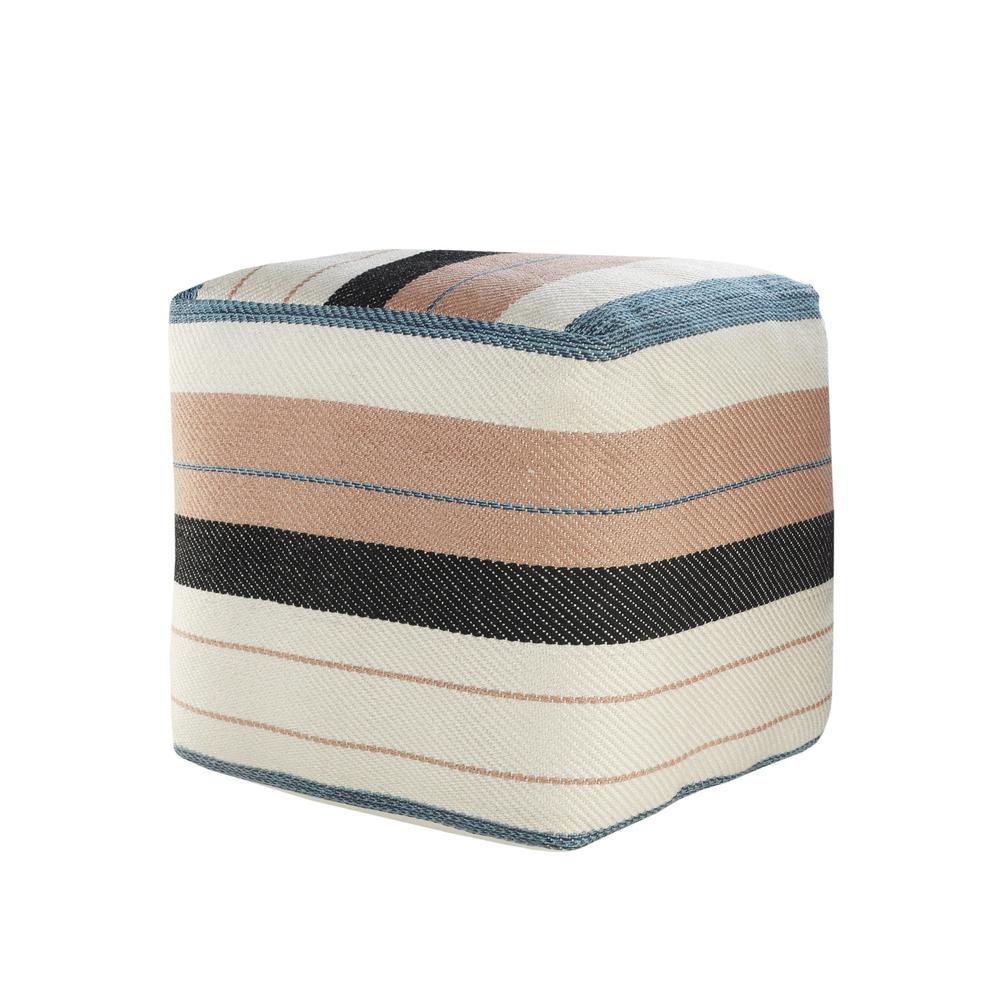 20" White Polyester Striped Indoor Outdoor Pouf Ottoman. Picture 1