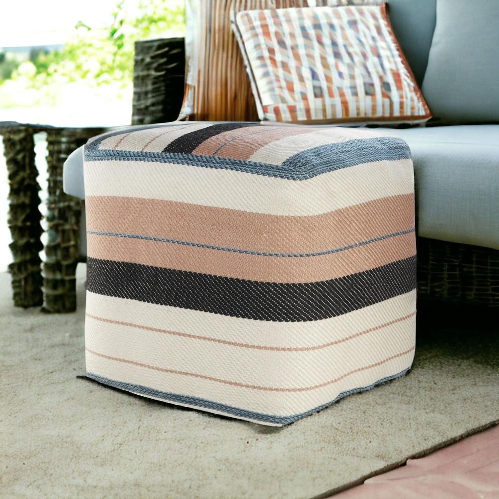 20" White Polyester Striped Indoor Outdoor Pouf Ottoman. Picture 6