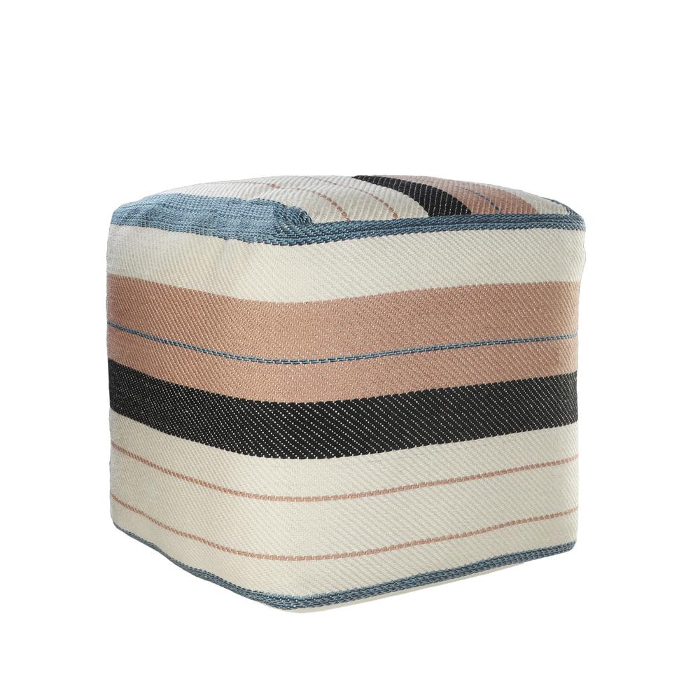 20" White Polyester Striped Indoor Outdoor Pouf Ottoman. Picture 4
