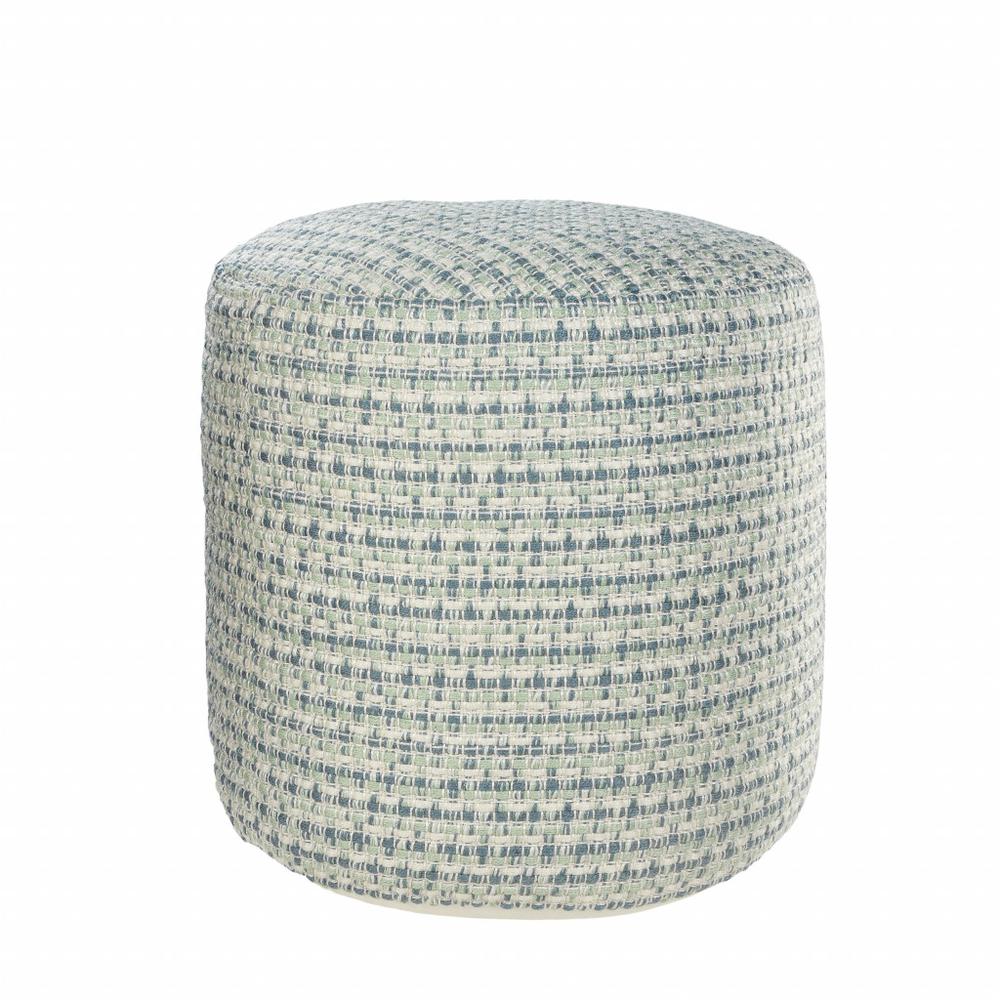 20" Blue Polyester Round Geometric Indoor Outdoor Pouf Ottoman. Picture 3
