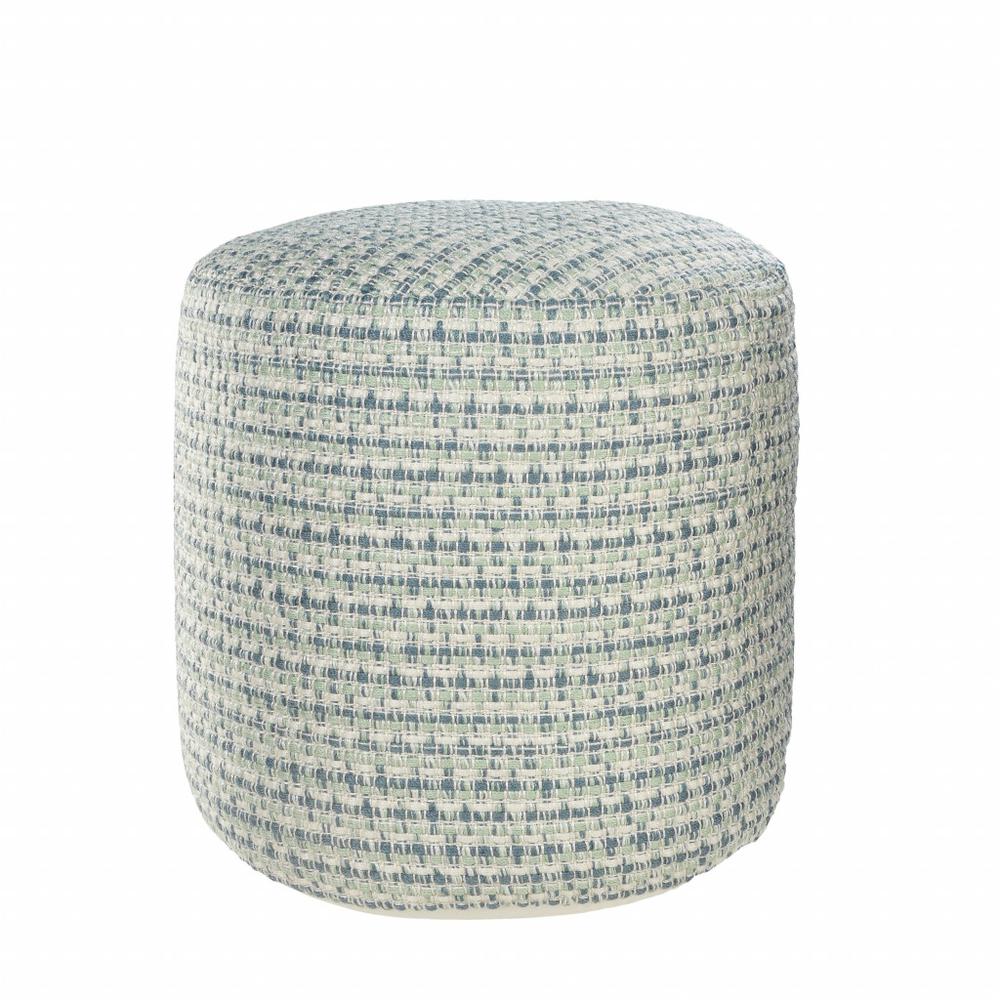 20" Blue Polyester Round Geometric Indoor Outdoor Pouf Ottoman. Picture 4