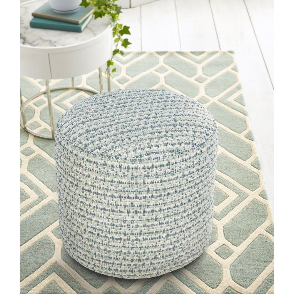 20" Blue Polyester Round Geometric Indoor Outdoor Pouf Ottoman. Picture 7