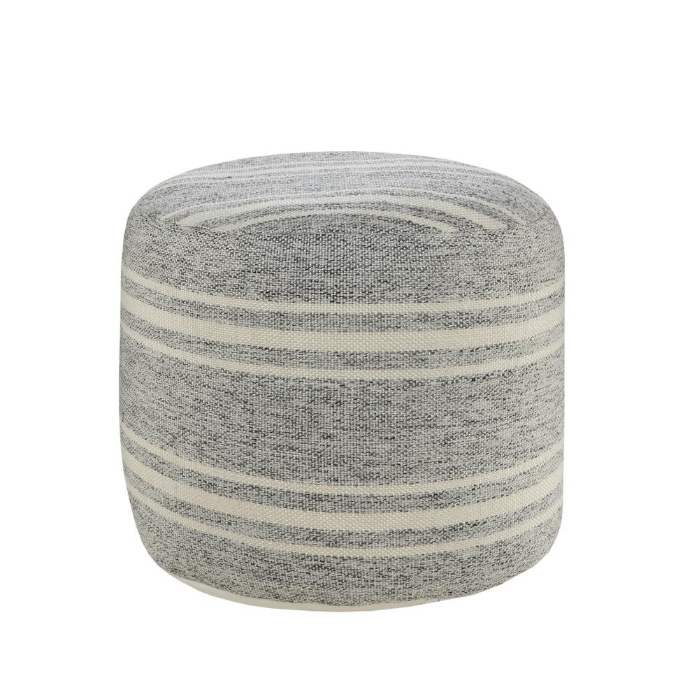 18" Gray Polyester Round Striped Indoor Outdoor Pouf Ottoman. Picture 1