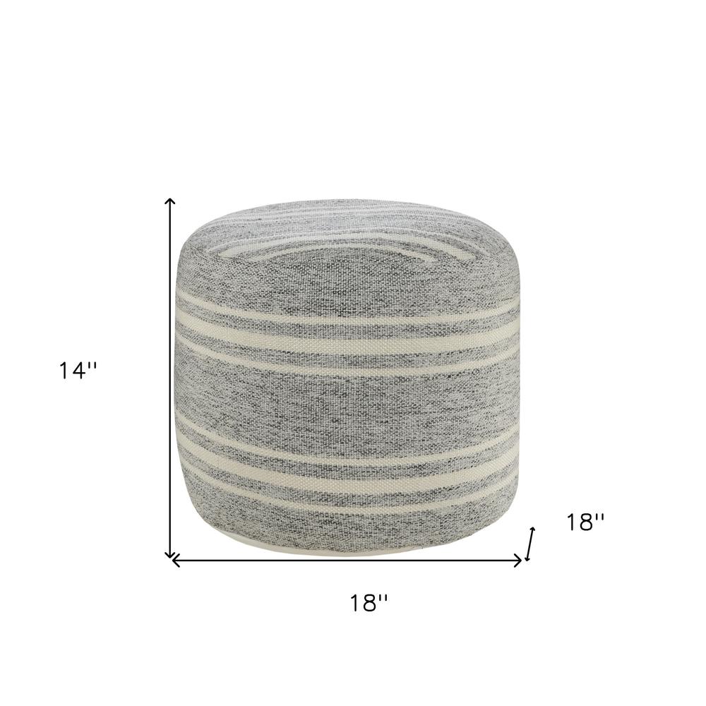 18" Gray Polyester Round Striped Indoor Outdoor Pouf Ottoman. Picture 9