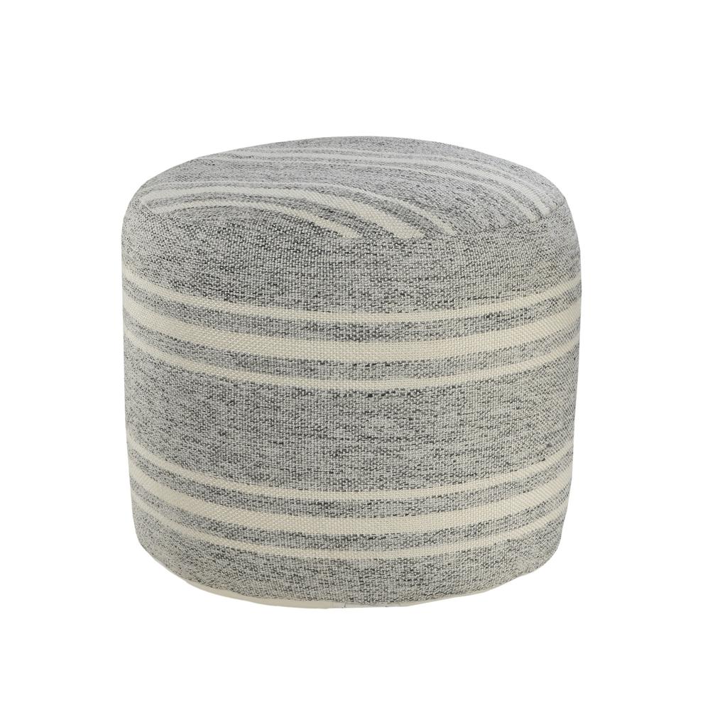 18" Gray Polyester Round Striped Indoor Outdoor Pouf Ottoman. Picture 3
