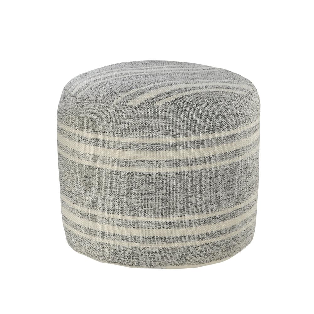 18" Gray Polyester Round Striped Indoor Outdoor Pouf Ottoman. Picture 4