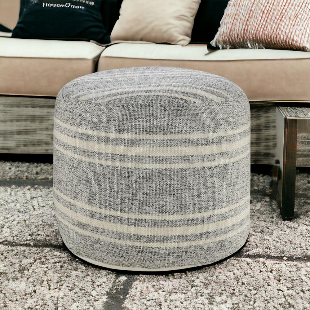 18" Gray Polyester Round Striped Indoor Outdoor Pouf Ottoman. Picture 6