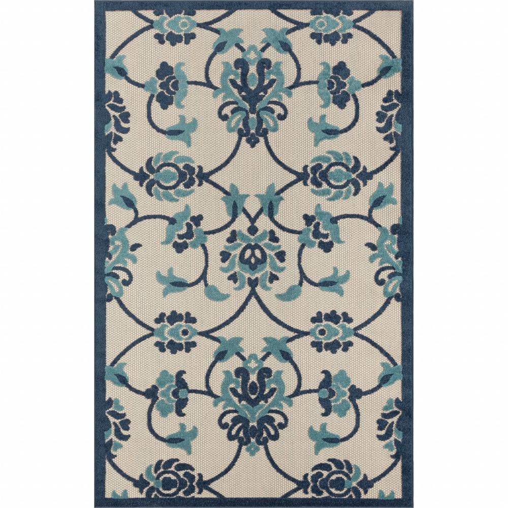 2' X 3' Blue Floral Non Skid Indoor Outdoor Area Rug. Picture 1