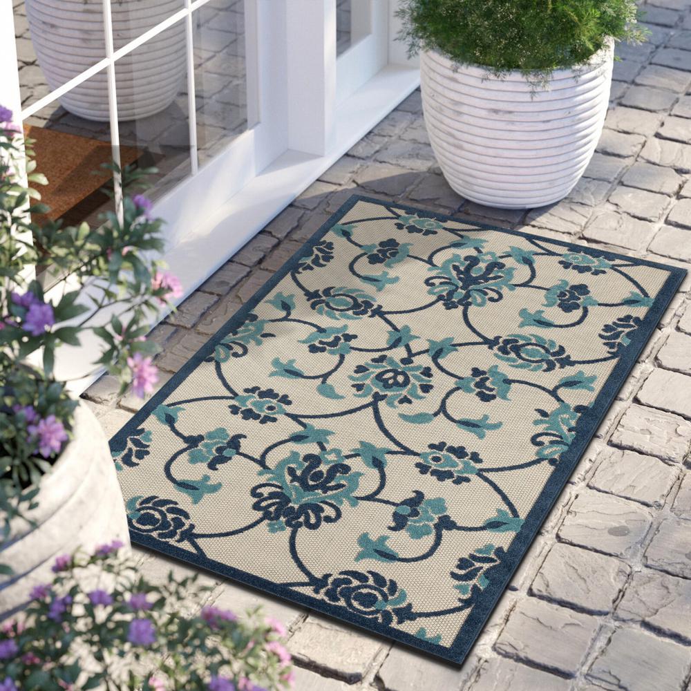 2' X 3' Blue Floral Non Skid Indoor Outdoor Area Rug. Picture 8