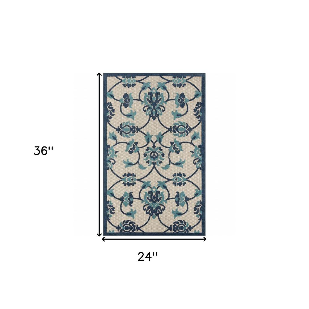 2' X 3' Blue Floral Non Skid Indoor Outdoor Area Rug. Picture 9
