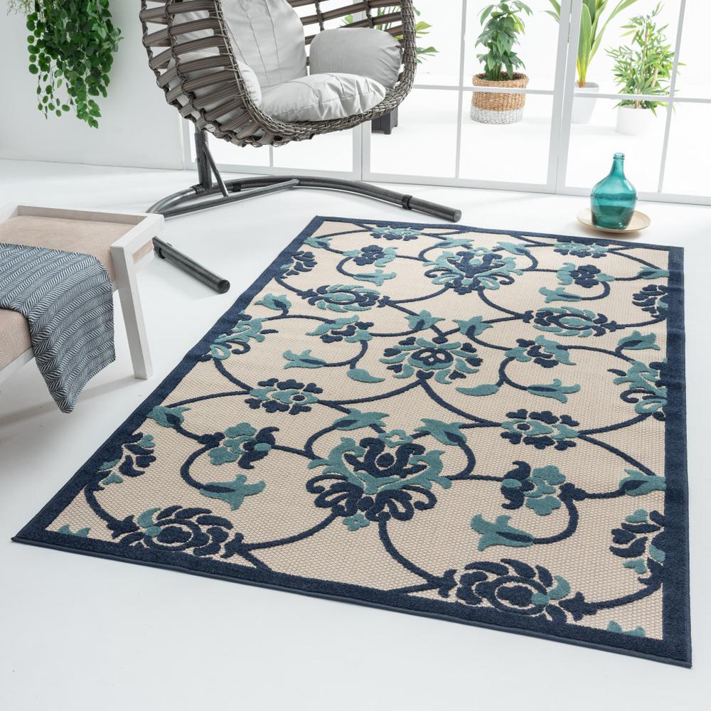 4' X 6' Blue Floral Non Skid Indoor Outdoor Area Rug. Picture 8